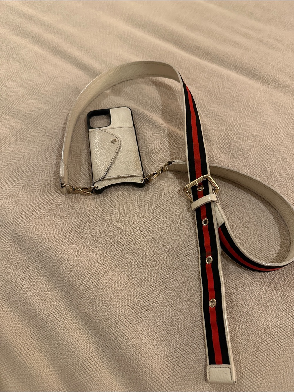 Bandolier White Leather iPhone 12Pro Case with Black and Red Stripe Strap